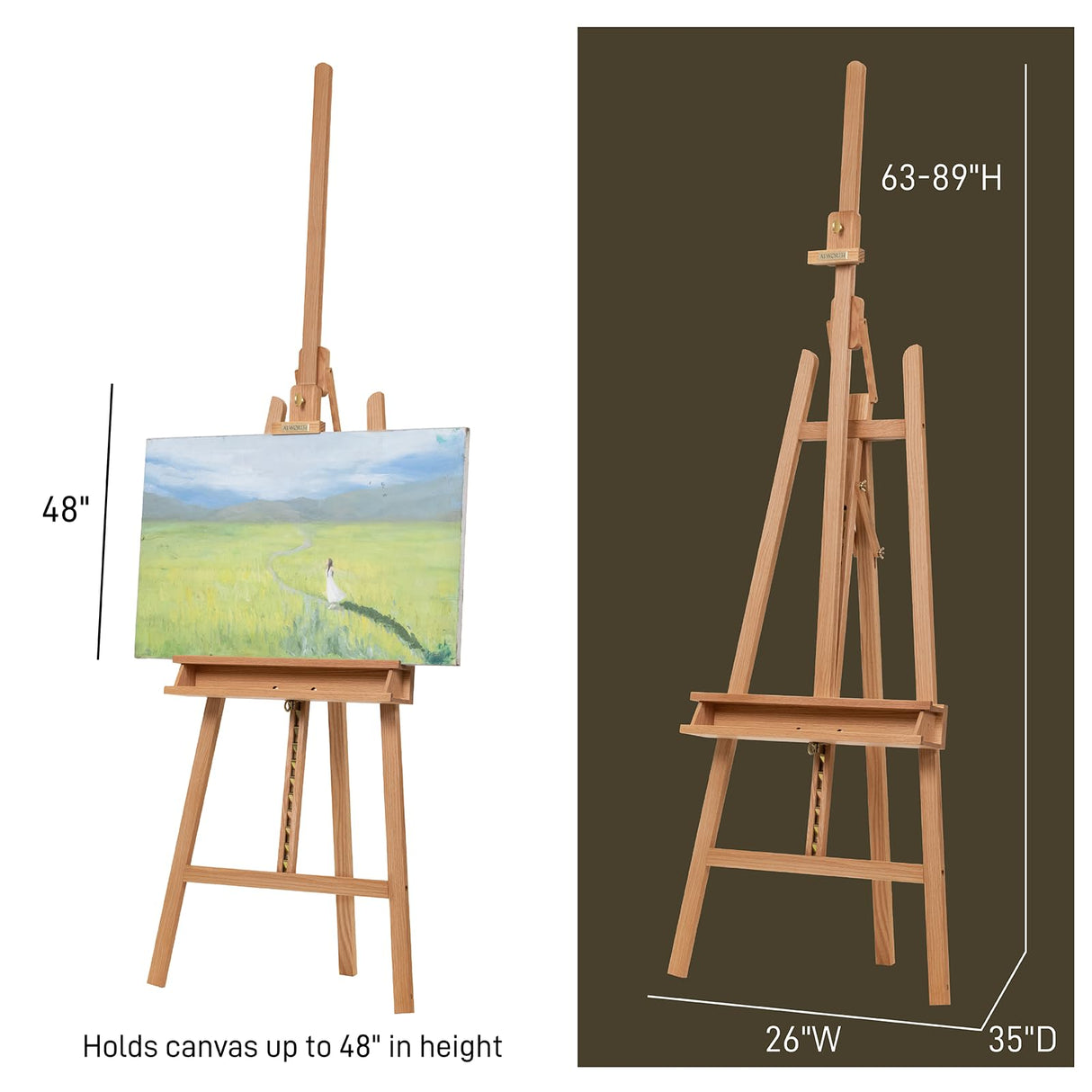 ATWORTH American Oak Inclinable Studio Art Easel, Hold Canvas up to 48”, Deluxe Wooden Large Adjustable A-Frame Lyre Style Floor Painting Easel Stand with Storage Tray, Natural Oil Finish ATWORTH
