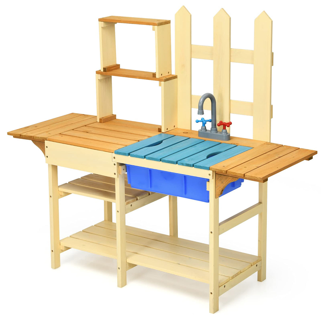 Costzon Wooden Kids Kitchen Playset, Indoor Outdoor Pretend Mud Kitchen Set for Toddler, Play Kitchen Toy w/Simulated Faucet, Shelves, Removable Board, Toy Kitchen Set for Girls & Boys Age 3+ Costzon