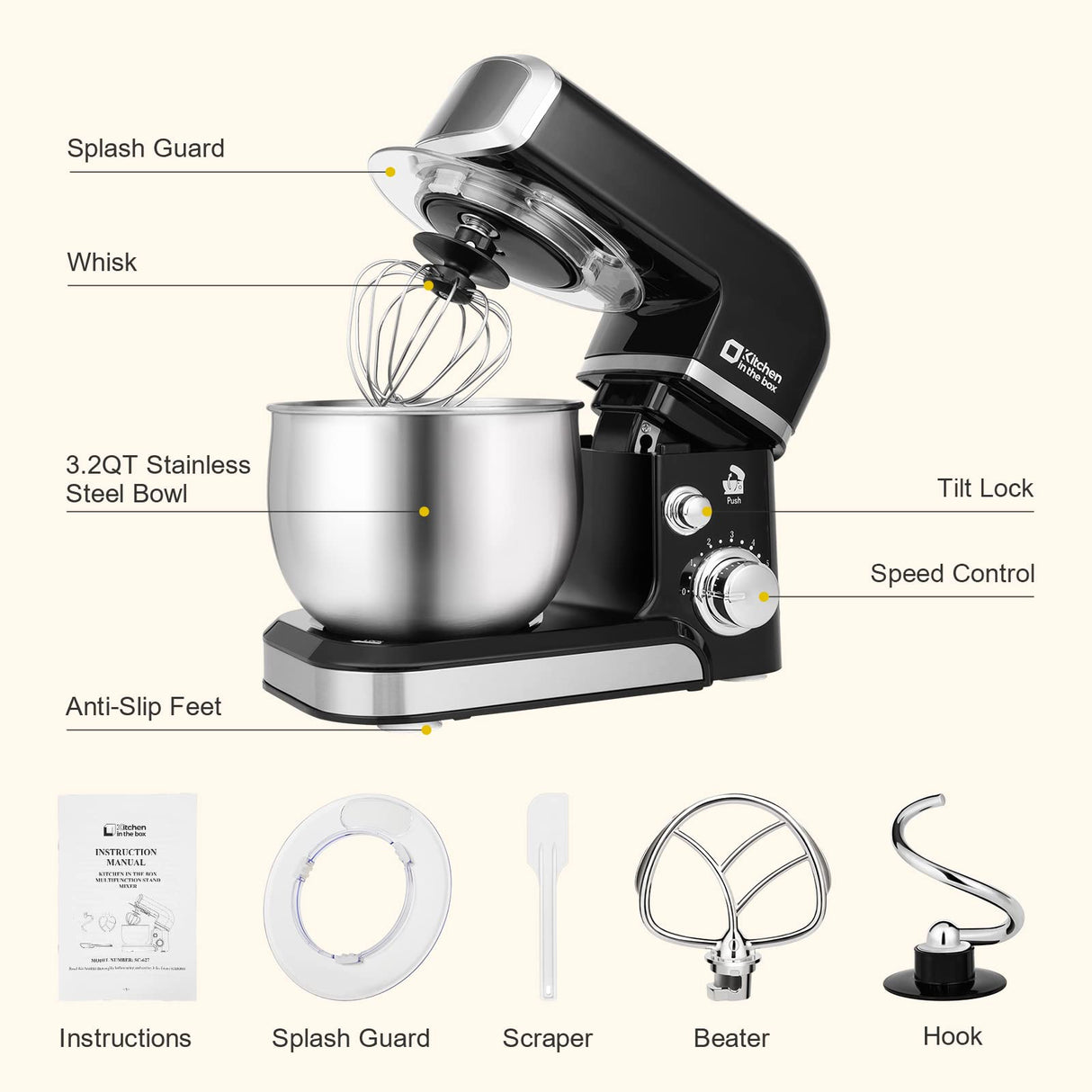 Kitchen in the box Stand Mixer,3.2Qt Small Electric Food Mixer,6 Speeds Portable Lightweight Kitchen Mixer for Daily Use with Egg Whisk,Dough Hook,Flat Beater (Black) Kitchen in the box