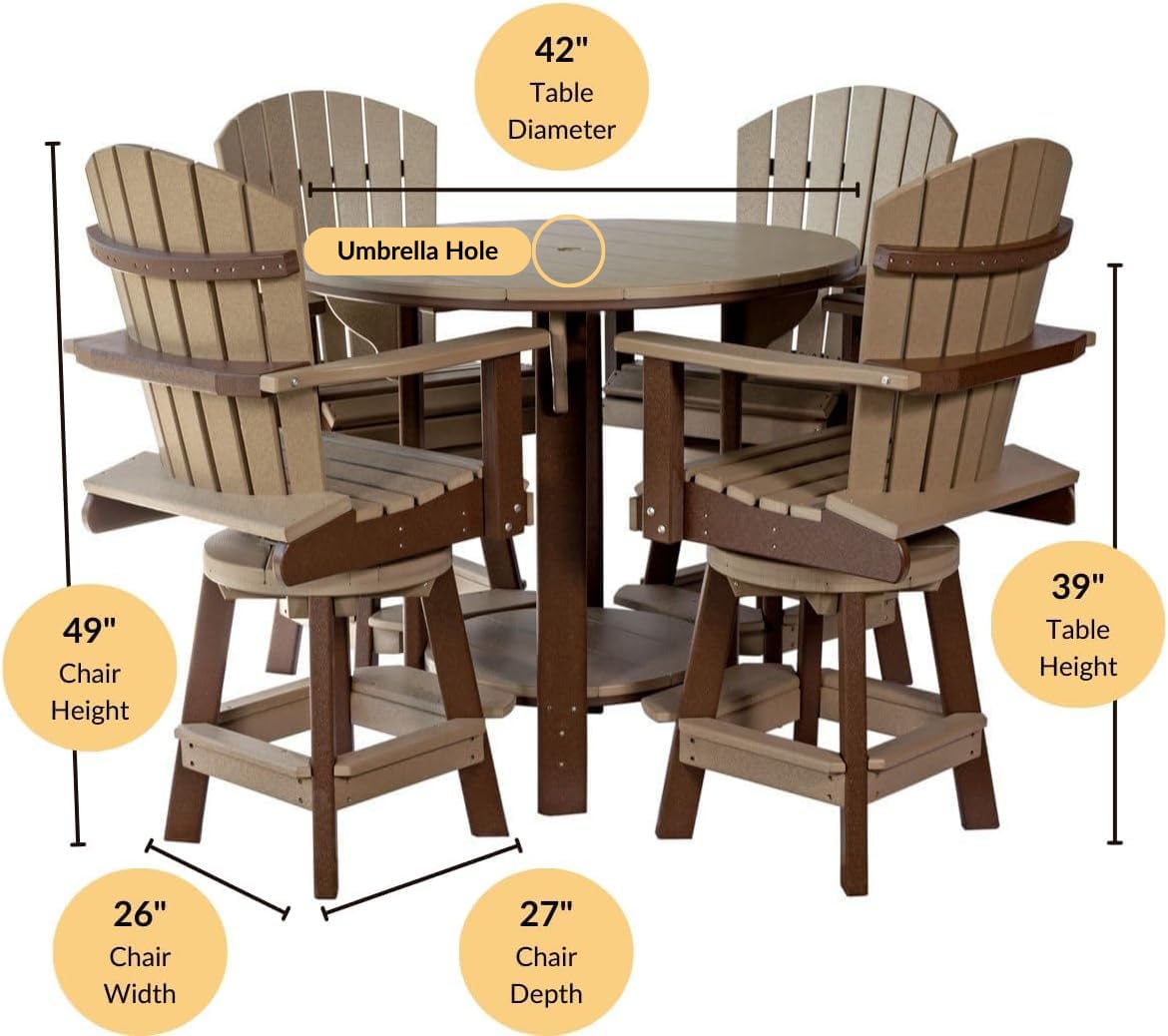 DutchCrafters Recycled Poly Round Balcony Dining Set, Table with 4 Chairs, Bar Height, Swivel Chairs, 5 Piece Patio Furniture Set, Amish Made in USA, Two-Toned Colors (Weatherwood & Brown) DutchCrafters