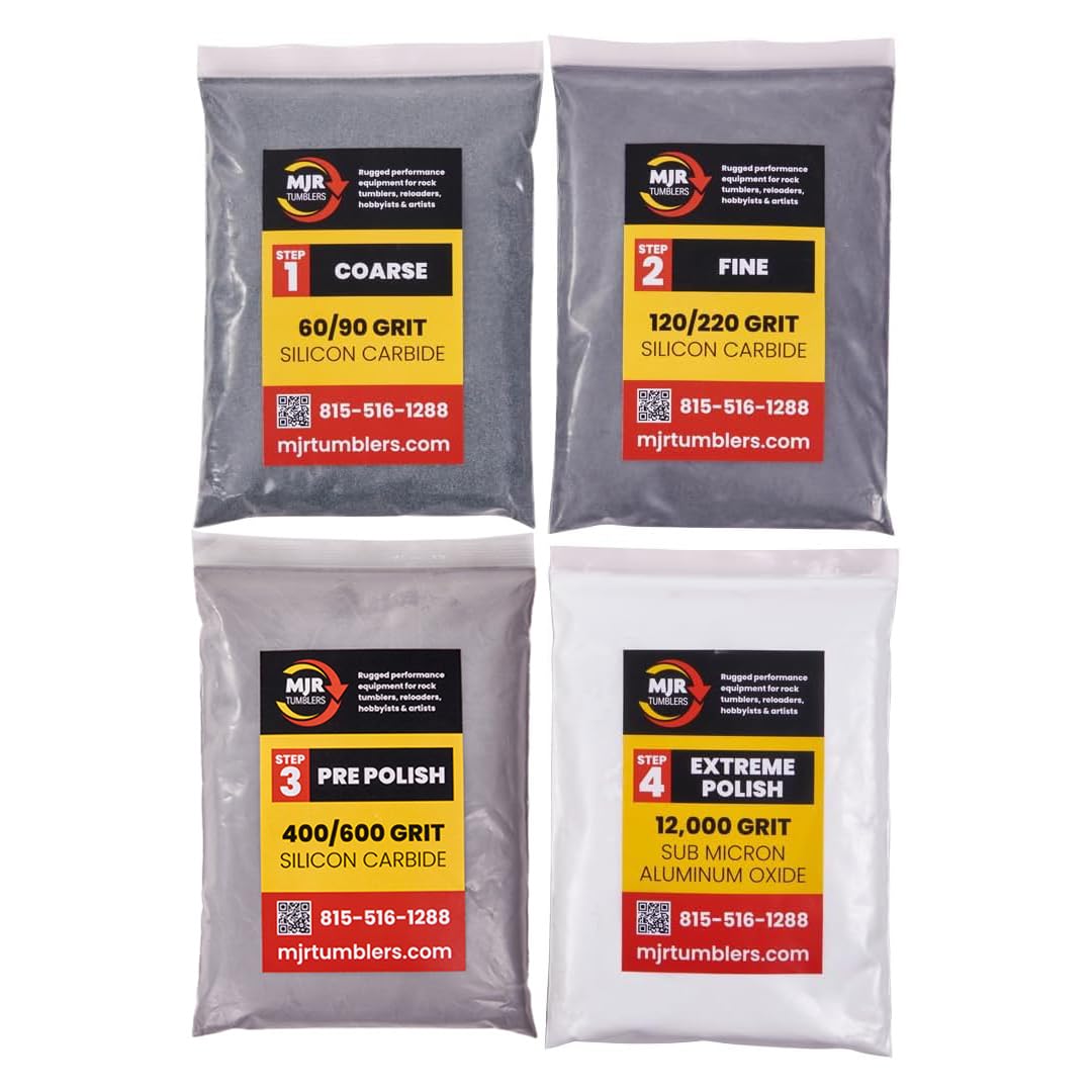 MJR Tumblers Refill Grit Kit w Premium Quality Extreme Polish 12,000 Grit Sub Micron Aluminum Oxide Polish for Unparalleled Result. for 6lb Rock Tumblers w Silicon Carbide, Disabled and Veteran Owned MJR Tumblers