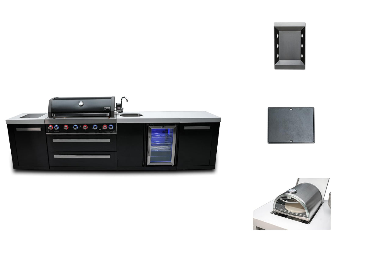 Mont Alpi MAi805-BSSBEV-COMBO 44-inch 6 Burner 115000 BTU Black Stainless Steel Gas Outdoor Kitchen Island Barbecue Grill with Beverage Center + Side Burner Pizza Oven, Charcoal Tray & Griddle Plate Mont Alpi