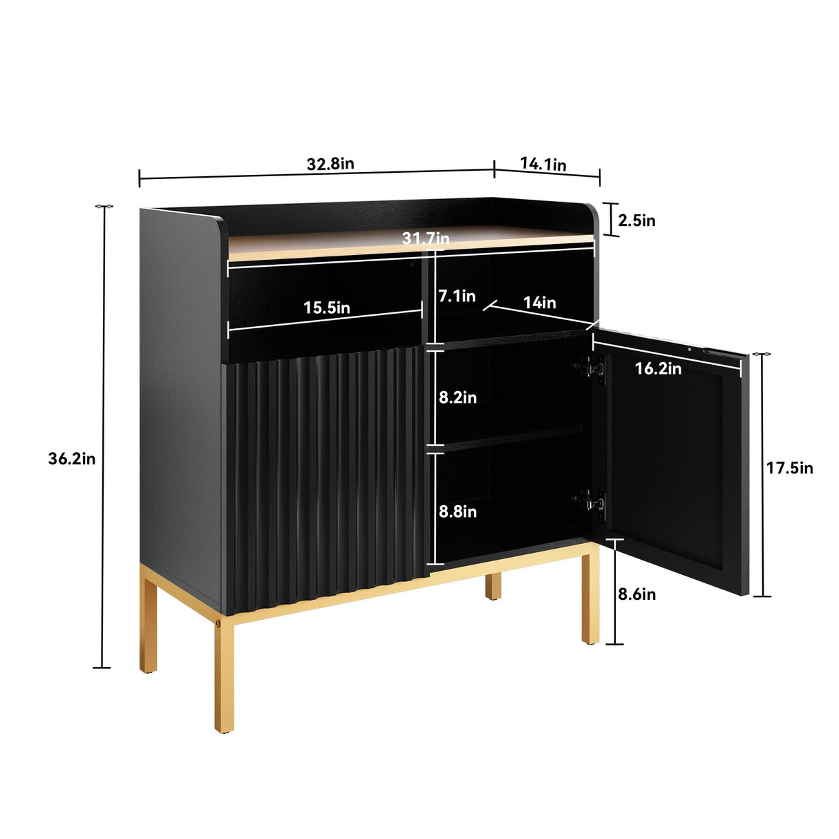 ARTPOWER Storage Cabinet with Fluted Doors and Shelves, Modern Rustic Industrial Sideboard Buffet Cabinet with Metal Legs, Accent Credenza Console for Kitchen Dining Room, Living Room, Entryway, Black ARTPOWER
