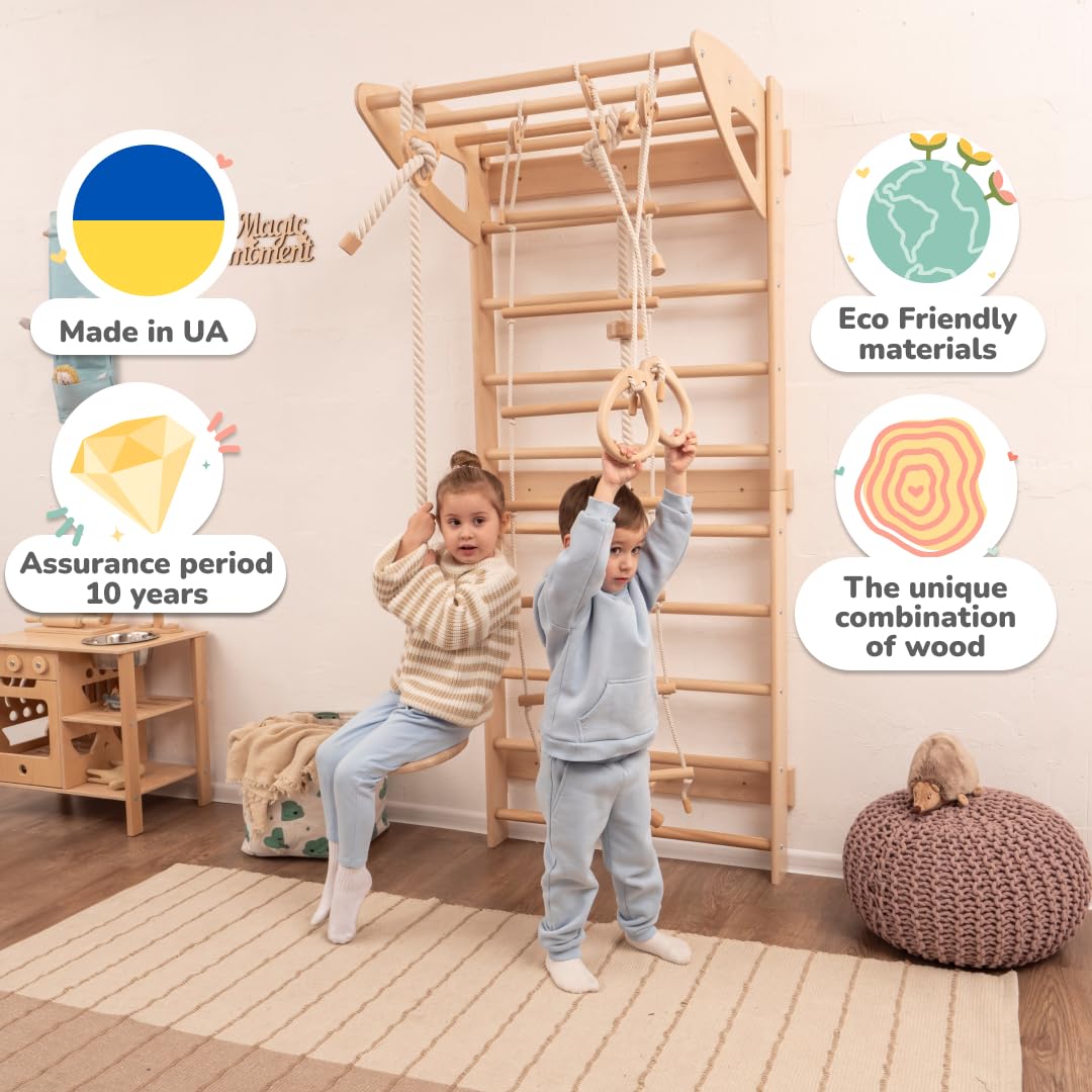 Woodandhearts Swedish Ladder for Kids with Rope Accessories - Indoor Jungle Gym, Indoor Jungle Gym for Kids Ages 6-16, Indoor Climbing Gym, Climbing Wall for Kids (Natural Wood, All Accessories) Wood And Hearts
