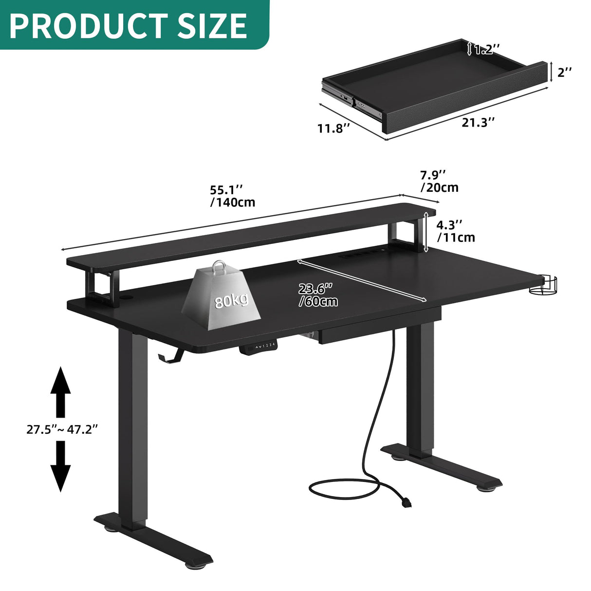 YITAHOME Electric Standing Desk with Drawer, 55" Standing Desk Adjustable Height Sit Stand Up Desk with Power Outlets & LED Lights, Home Office Desk with Memory Preset, Black YITAHOME