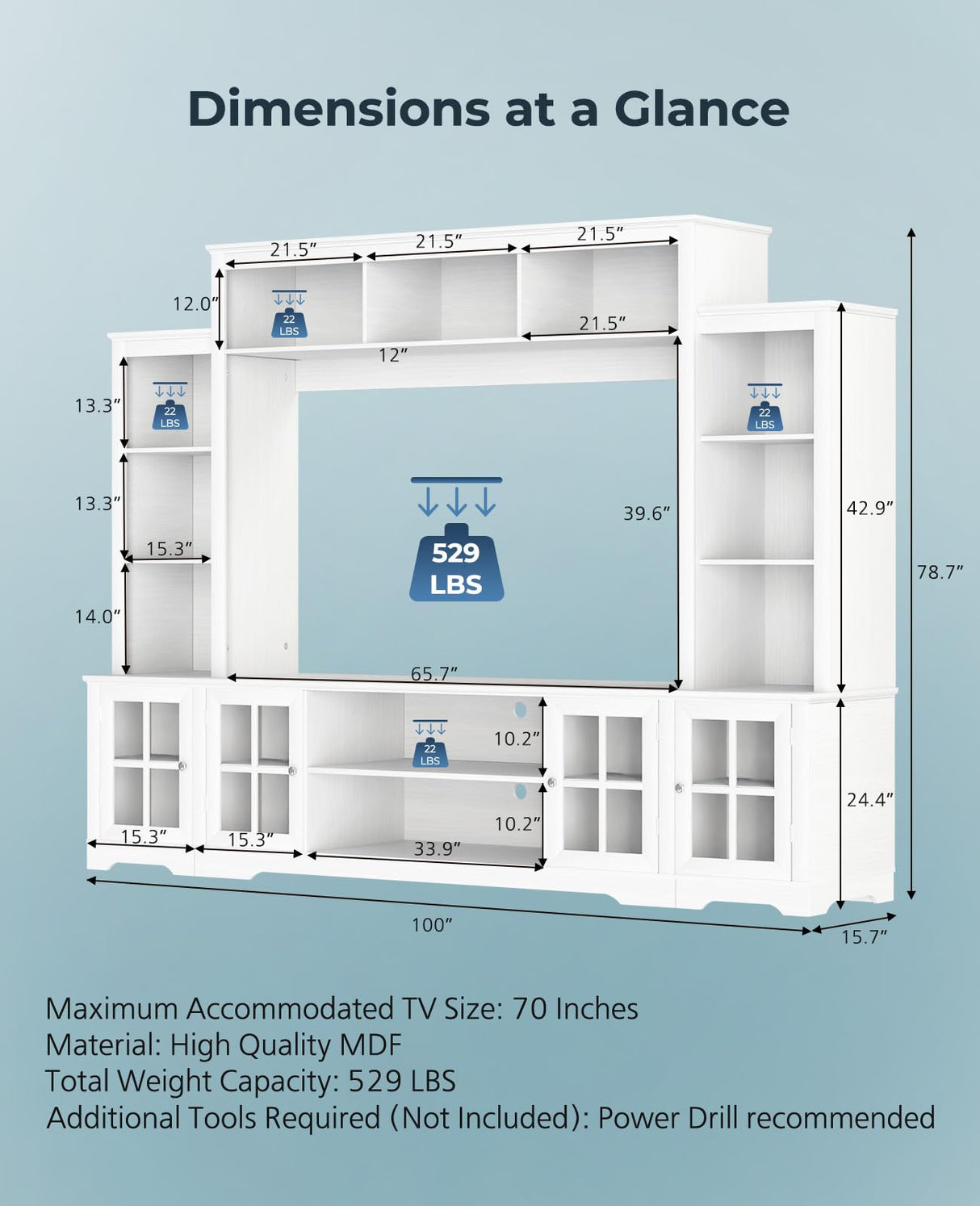 Tatub Large Wall Unit Entertainment Center with Storage, Modern TV Entertainment Center with Bookshelves and Bridge Cabinet, Living Room Tall Bookshelf with Storage, 65.7" Wide for TV Placement, White Tatub