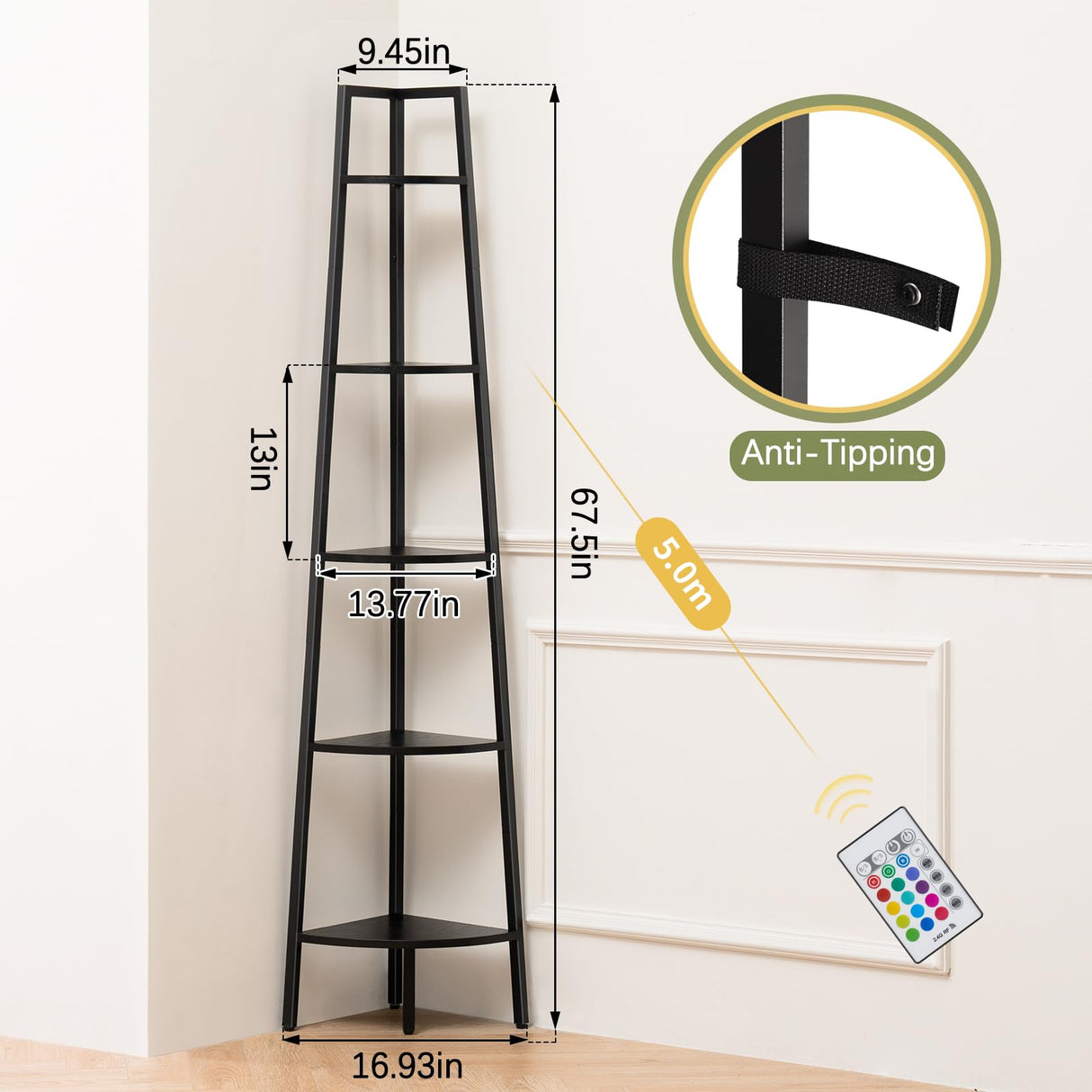Yoobure Corner Shelf Stand, 5-Tier Bookshelf with LED Lights & Steel Frame, Tall Storage Shelves for Living Room, Bedroom, Office, Multi-Purpose Display Bookcase Yoobure