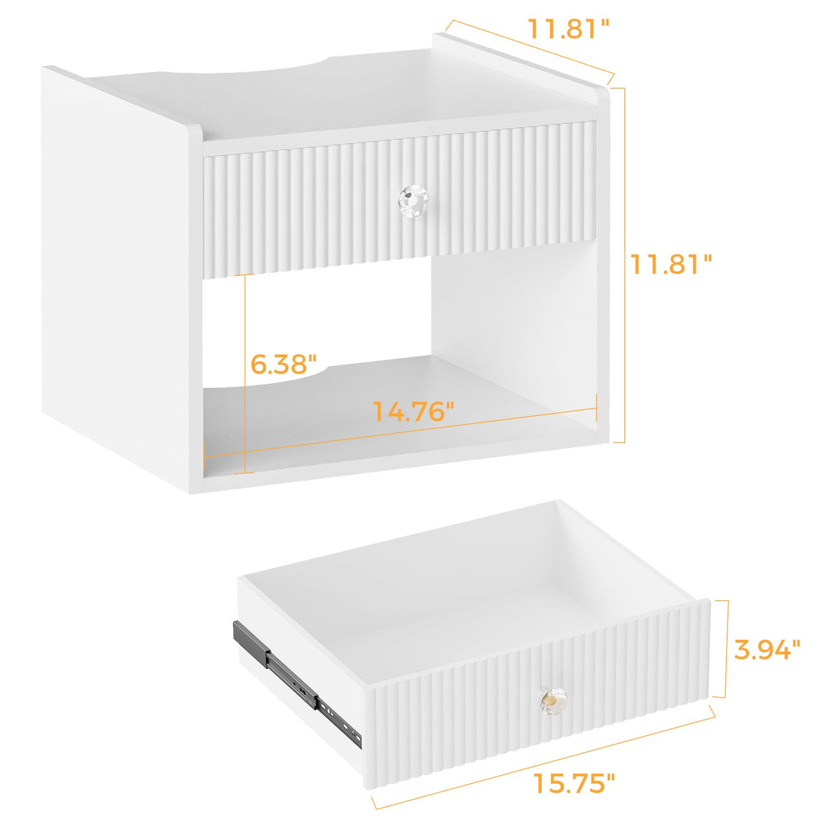 BEWISHOME White Floating Nightstand,Modern Fluted Floating Bedside Table, 15.7" Wall Mounted Nightstand with Drawer & Open Shelf,Small End Table Bedside Shelf for Bedroom, White KTZ06W BEWISHOME