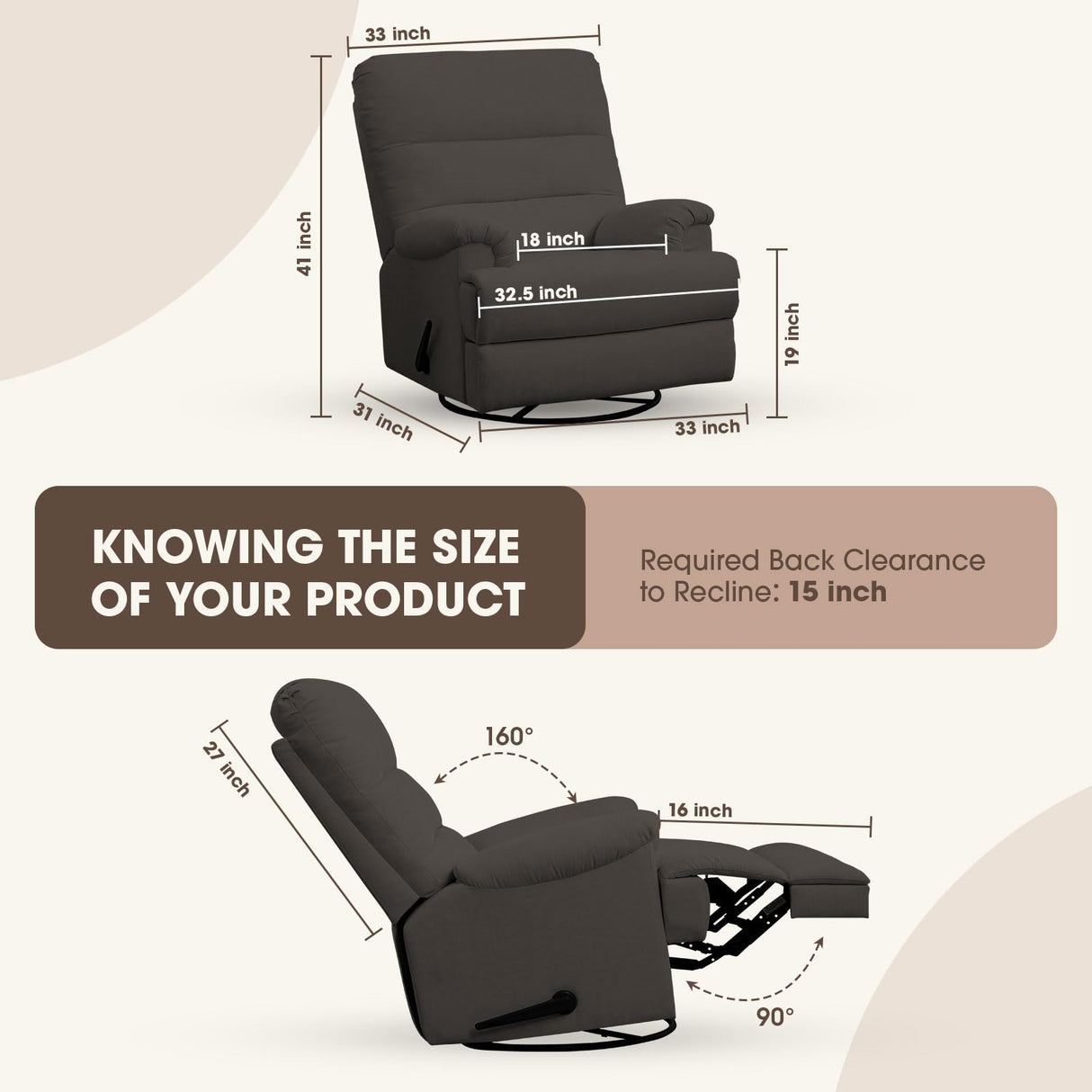 Divanus Dark Grey Glider Rocker Recliner,Swivel Rocking Recliner Chair,Glider Rocking Chair,Reclining Sofa Rocking Chair Nursery,23 Inches Deep Seat & 27 inches High Back,for Living Room Divanus
