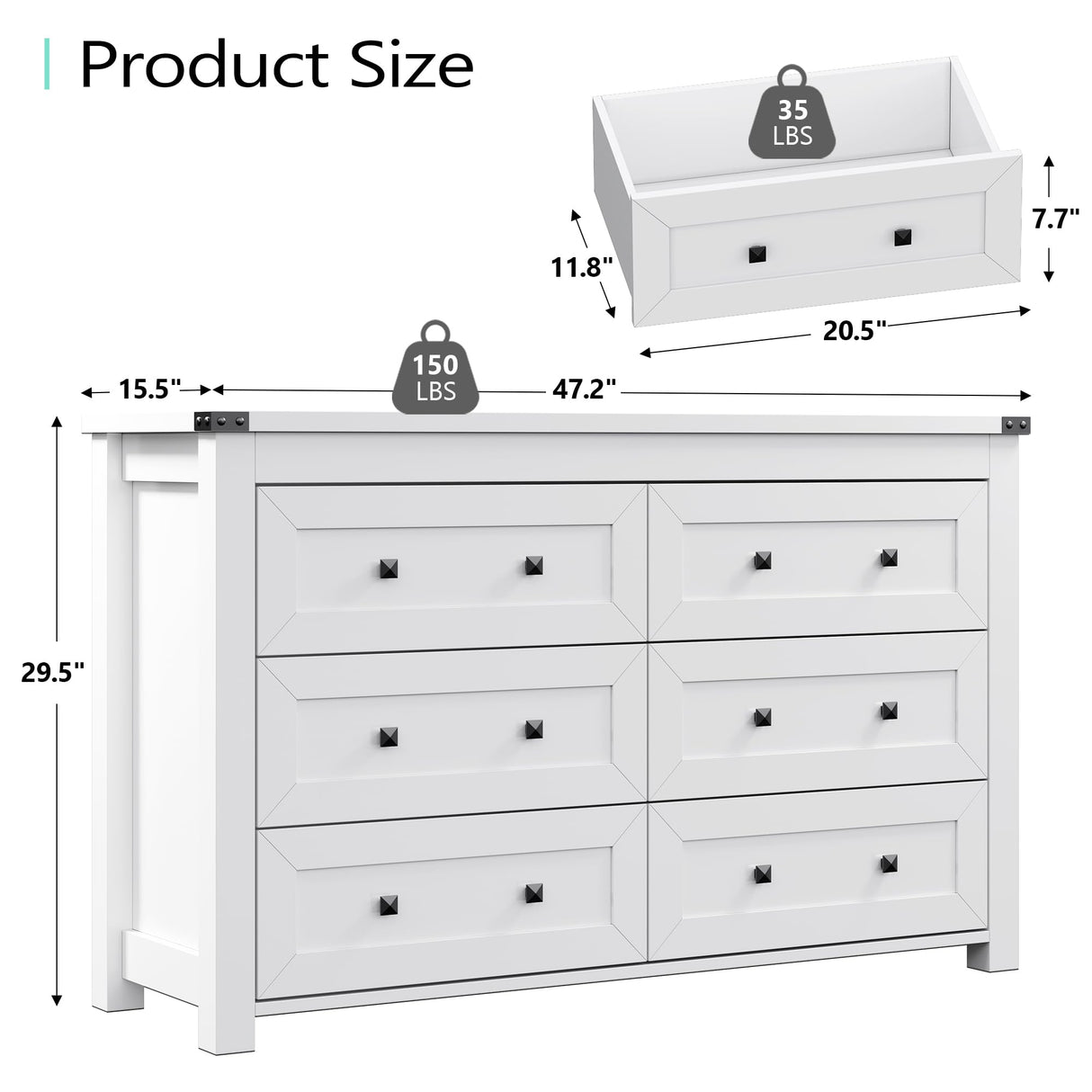 Dresser for Bedroom with 6 Drawers, Farmhouse Wood Chest of Drawers, Wide TV Stand Closet Storage Furniture with Metal Handle, Modern Clothes Organizer for Hallway, Living Room, Entryway, White Xixini