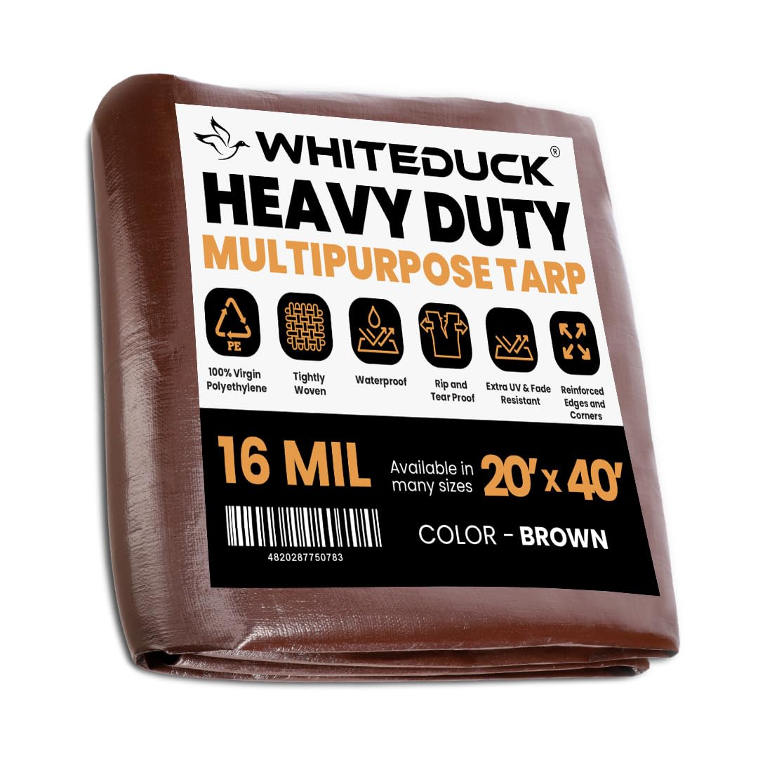 WHITEDUCK Super Heavy Duty Poly Tarp Cover 16 Mil & 10 Mil with Grommets and Reinforced Edges (Brown, White & Silver Black) (Brown- 16 Mil, 20' x 40') WHITEDUCK