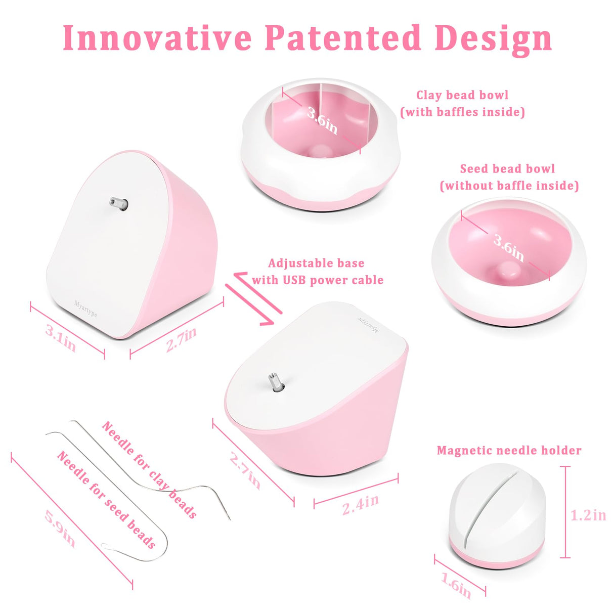 Myartype Clay Bead Spinner and Seed Bead Spinner, 2-in-1 Electric Bead Spinner for Jewelry Making, Bracelet Spinner and Necklace Making Machine with Bead Needles and Thread (Pink) Myartype