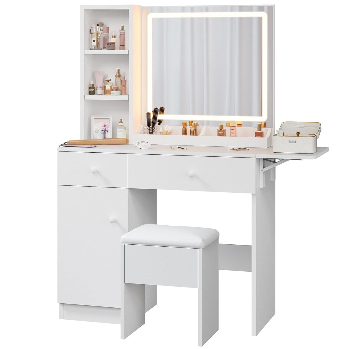 Haewon Makeup Vanity Desk with Mirror and Lights, White Vanity Table with Power Outlet and 3 Lighting Modes, Dressing Table Set with Cabinet Drawers Shelves and Storage Stool for Bedroom Haewon