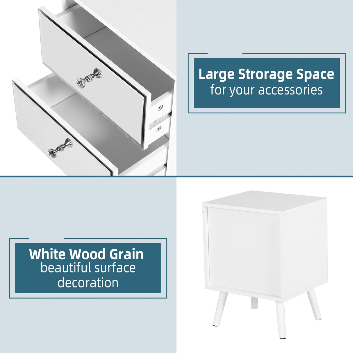 STHOUYN White Nightstand Set of 2, Mirrored Bedside Table Set of 2, Modern Bedroom Night Stands with 2 Drawer, Bed Side Table/Night Stand, End Tables Decorative Table Living Room (White) STHOUYN