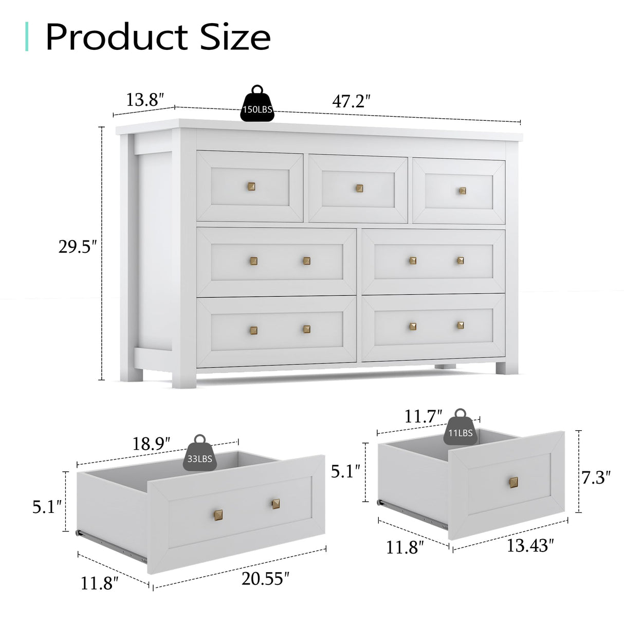 Dresser for Bedroom with 7 Drawers, Farmhouse Wood Chest of Drawers, Wide TV Stand Closet Storage Furniture with Metal Handle, Modern Clothes Organizer for Hallway, Living Room, Entryway, White Xixini