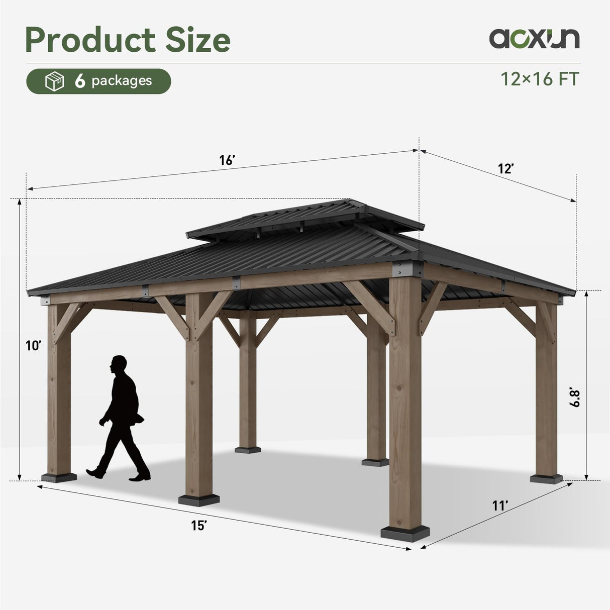 Aoxun 12' x 16' Outdoor Wood Gazebo, Hardtop Gazebo Permanent Wooden Pavilion with Galvanized Steel Double Roof, for Patio, Garden, Backyard, Cedar Wood Aoxun