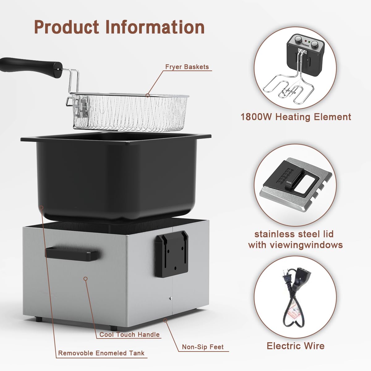1800W 5 Liters/21 Cups Large Electric Deep Fryer with 3 Frying Baskets for Home Use, Adjustable Temperature,View Window Lid,Countertop Stainless Steel Body Deep Fryer Pot,Perfect for Kitchen, Fry Fish Vexon