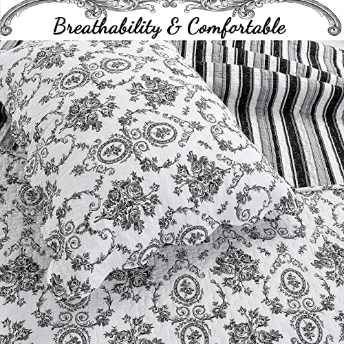 Cozy Line Home Fashions French Medallion Black White Grey Rose Flower Pattern Printed 100% Cotton Bedding Quilt Set Reversible Coverlet Bedspread (Black White, Queen - 3 Piece) Cozy Line Home Fashions