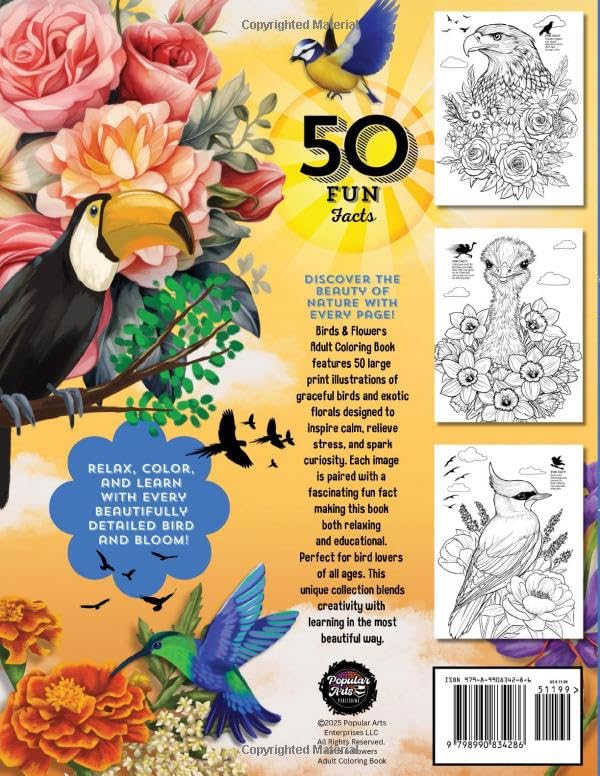 Birds & Flowers Adult Coloring Book: 50 Large Print Illustrations of Calming Nature Themes, Exotic Florals, and Fun Facts for Stress Relief, ... Flowers with Animals, Dogs, Cats and Birds!) WoodArtSupply