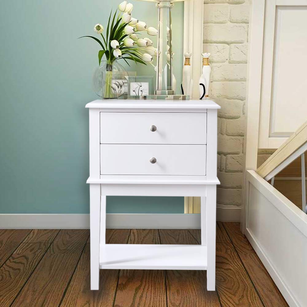 conifferism White Nightstand 2 Drawers and Storage Shelf, 28" High Bedroom Night Stand, Contemporary Modern Bed Side Table, Living Room Country Cottage 19" Wide End Table Metal Sliders conifferism