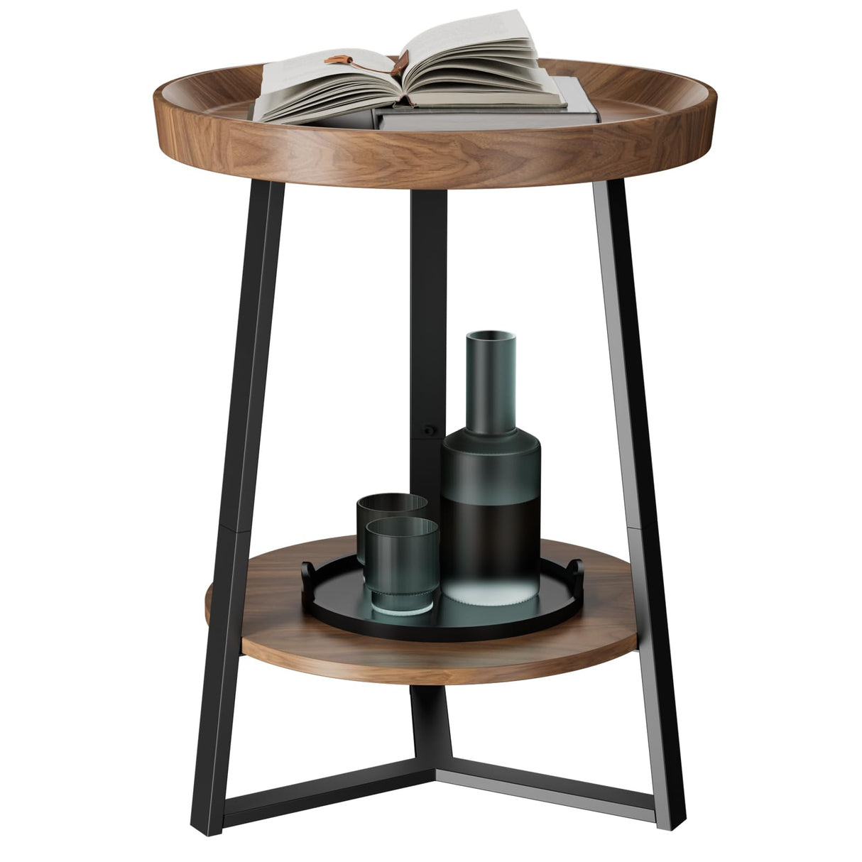 Gadroad Round End Table with Storage Shelf, 2 Tier Farmhouse Side Table Nightstand for Living Room, Bedroom, Wood Tabletop & Black Metal Frame, Brown 15.7 * 15.7 * 23.0inches Gadroad