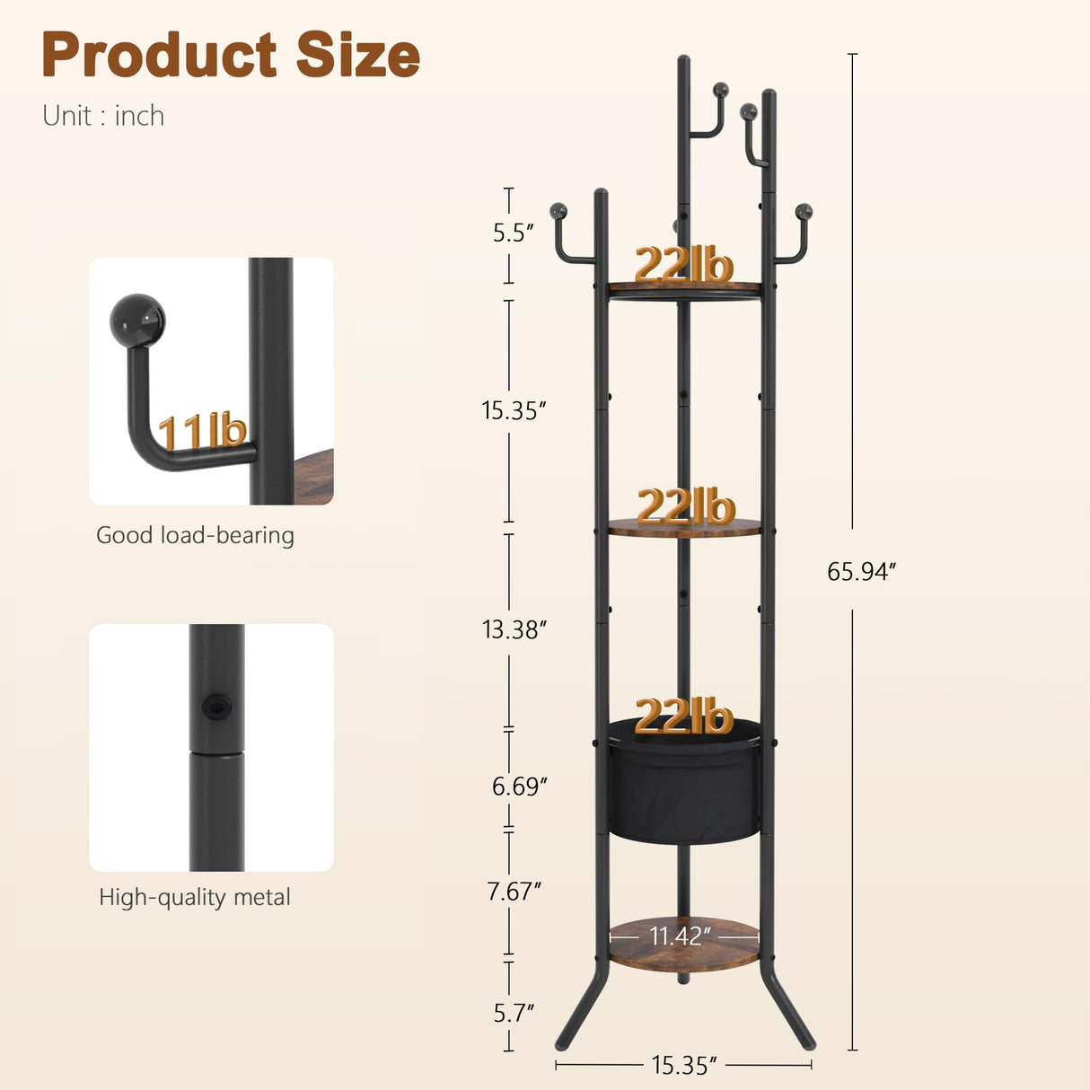 Hoctieon Coat Rack Freestanding, Round Coat Rack with 3 Wooden Shelves and 1 Fabric Basket, Metal Clothes Tree with 5 Hooks, Coat Hanger Stand for Clothes, Hats, Bags, Brown and Black Hoctieon