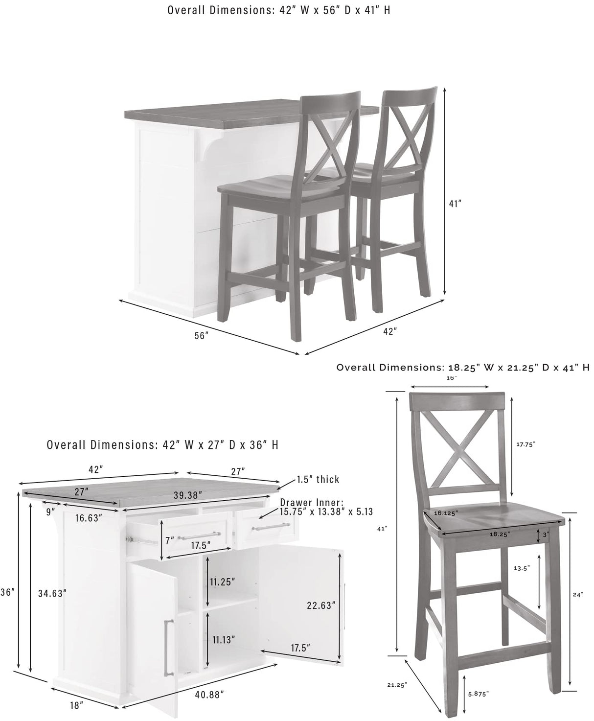 Crosley Furniture Bartlett Kitchen Island with Wood Top and X-Back Stools, White/Black Crosley Furniture