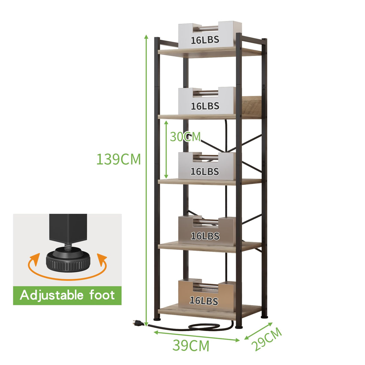 ZIWEI STAR 5 Tier Bookcase with Charging Station, Small Bookshelf Industrial Bookcase Storage Shelf, Boocase Organizer for CD/Movie/Book Displaying, Bookshelves for Bedroom Office Living Room ZIWEI STAR