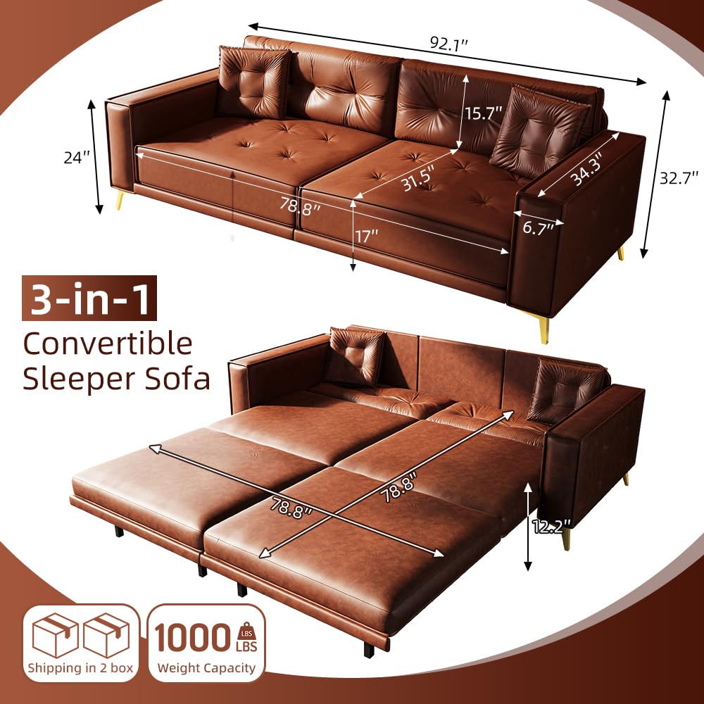 Skipity Sigmo 92" King Pull Out Sofa Bed, PU Leather Convertible Sleeper Couch with Tufted Design, Oversized 4-Seater Modern Mid Century Sectional Couch for Living Room, Small Spaces, Light Brown Skipity Sigmo