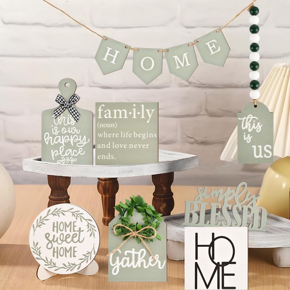 EMVANV 11 PCs Tiered Tray Decoration Set,Wood Sign Rustic Home Sweet Home Simply Blessed Home Tiered Tray Decorations for Dining Room Country Summer Shelf Centerpiece Present(Green+White) EMVANV
