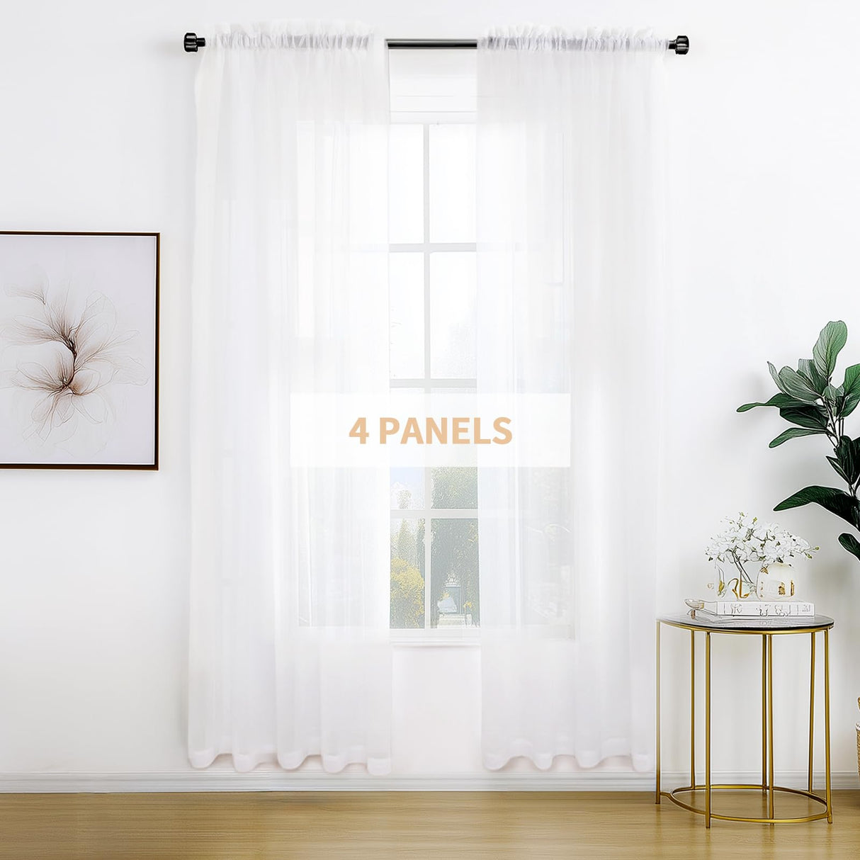 Anjee 4 Panels White Sheer Curtains 108 inches Long Rod Pocket Semi Sheer Curtain Translucency Balance Privacy Voile Window Drapes for Outdoor Patio Yard Glass Dining Room Living Room, 52 x 108 Inch Anjee