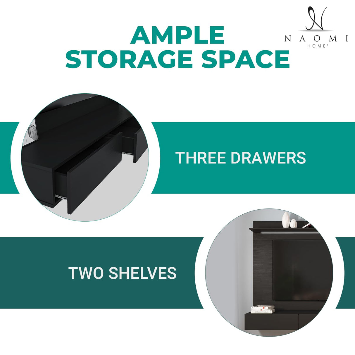 Naomi Home Bliss Modern Freestanding Wall Mounted Entertainment Center Floating TV Wall Panel for 70 inch TVs, Home Theater with LED Strip, Pull-Out Drawers and Overhead Shelf – Black, Solid Pine Wood Naomi Home