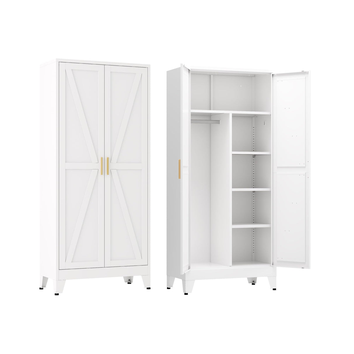 XIUSVON Metal armoire Wardrobe Closet with Hanging Rod,71'' Metal Wardrobe Cabinet with 2 Doors and 2 Adjustable Shelves, Bedroom armoires,Laundry Room cabinets,armario de ropa Closet(Modern, White) XIUSVON