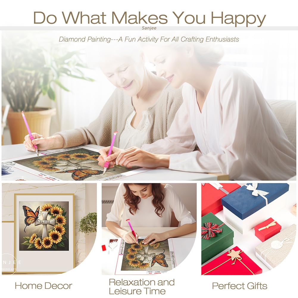 Sanjee Cross Diamond Art Painting Kits for Adults Beginner, Sunflower 5D DIY Round Full Drill Gem Art Crafts for Home Wall Decor Gift, 12x12inch Sanjee