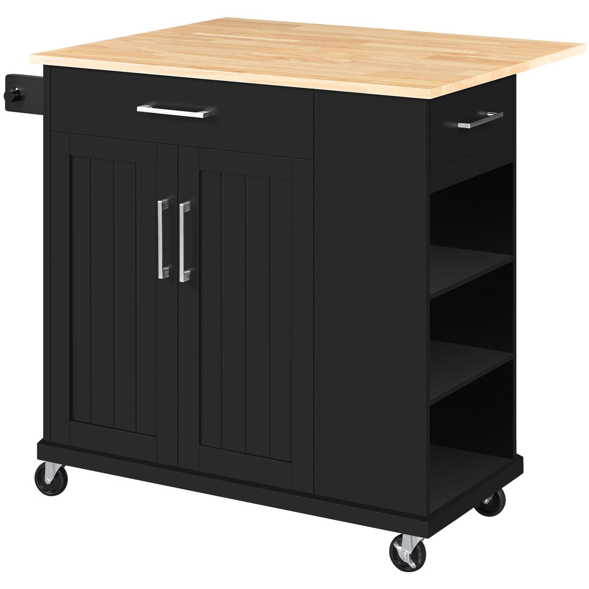 Yaheetech Rolling Kitchen Island Cart with Drop Leaf, Portable Rubberwood Breakfast Bar with Storage Cabinet, Open Shelves & Detachable Towel, 2 Drawers, Black Yaheetech