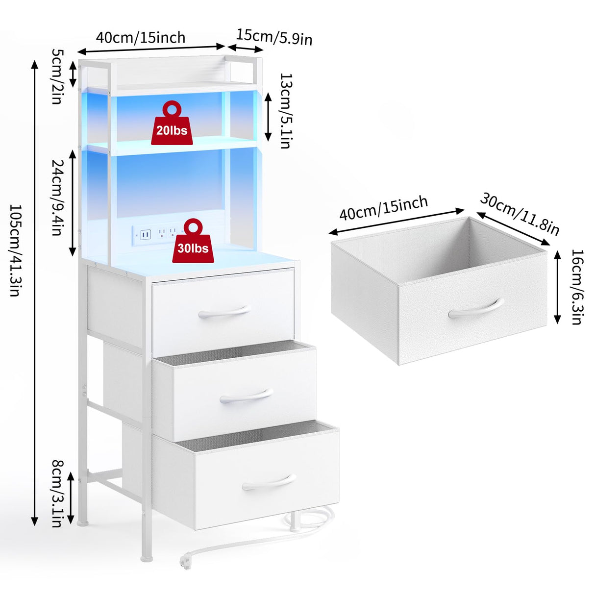 Fixwal Tall Nightstand with Charging Station, 41 Inch Led Night Stand with U-S-B Port & Socket, 3 PU Finished Fabric Storage Drawers, Office, Bed Side Table & Bookshelf in One, White Fixwal