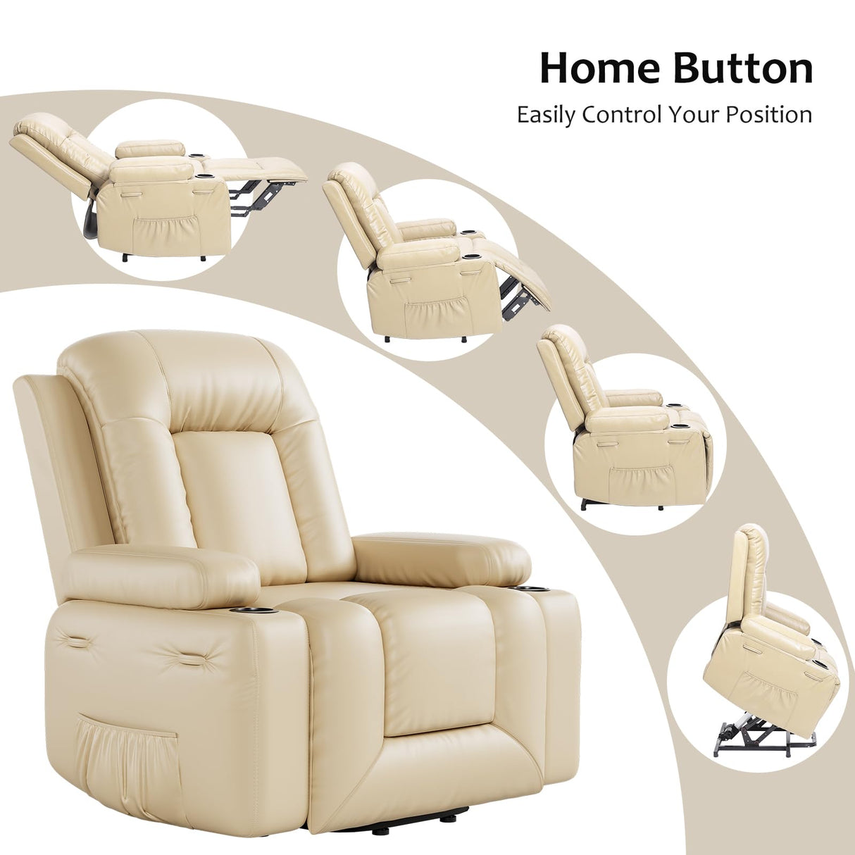 GarveeHome Faux Leather Power Lift Recliner Chair for Elderly, Lift Assist Recliner for Seniors with Heat and Massage Function, Reclining Sofa w/Pockets and Cup Holders CF8008 (Beige, Medium) GarveeHome