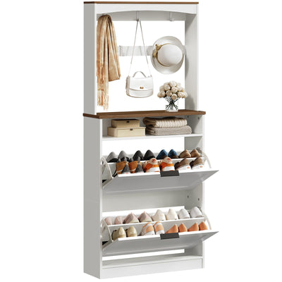 YATINEY Tall Shoe Cabinet with Flip Drawers and Coat Rack, Floor Standing Modern Shoe Storage Organizer, 2-in-1 Hall Tree with Movable Hooks and Open Shelves, for Entryway, White and Walnut SC01WH
