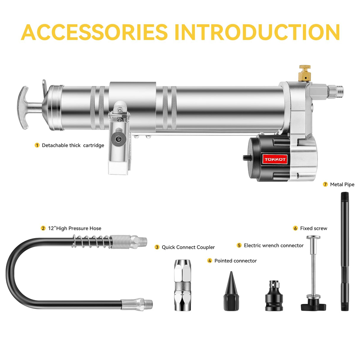 TOKKOT Electric Grease Gun Drill Adapter for De-Walt/Milwake Cordless Drill Driver –14 OZ Capacity, 12" Flexible Hose,Locking Grease Gun Coupler & Steel Pipe – DIY & Professional Lubrication Tool TOKKOT