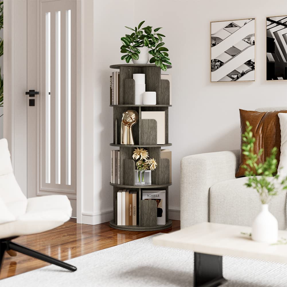 OTK 360° Rotating Bookshelf - 4 Tier Wooden Corner Bookcase in Black Oak for Small Spaces OTK