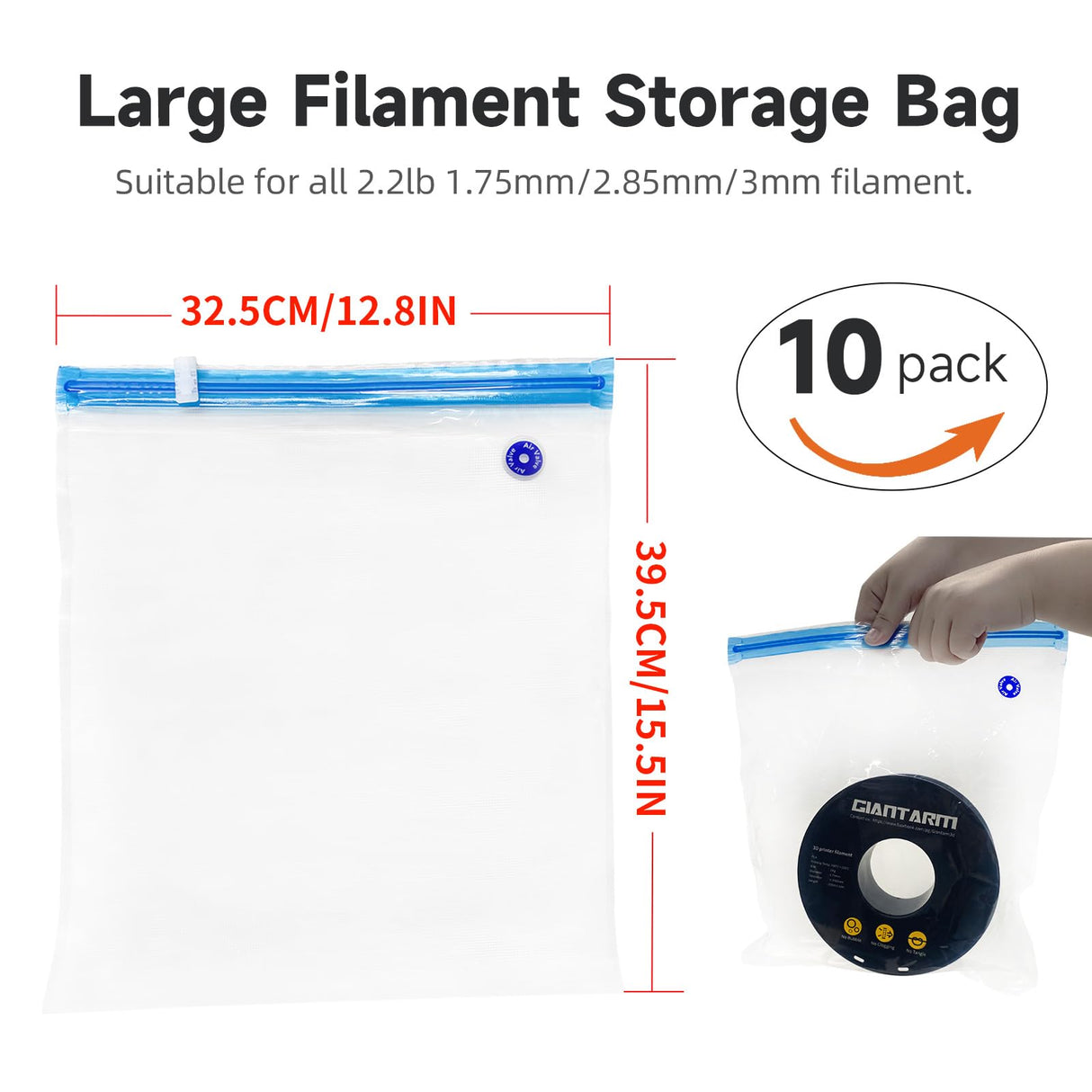 GIANTARM 10pcs Filament Storage Bags, 0.26mm 3D Printer Filament Storage Bags, Prevent and Monitor Moisture Keeping Filament Dry, 39.5x32.5cm (No Pump) GIANTARM
