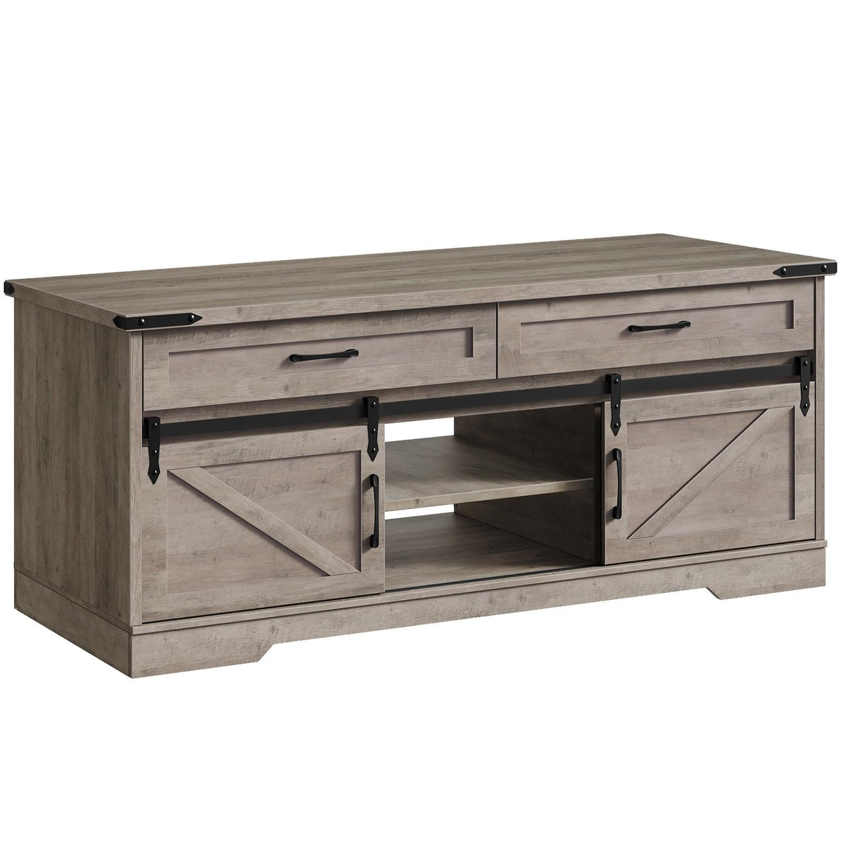 RALGEND 47" Farmhouse Coffee Table with Storage and 2 Drawers, Large Rustic Center Table with Sliding Barn Doors & Open Compartments, Wooden Coffee Table for Living Room, Greige