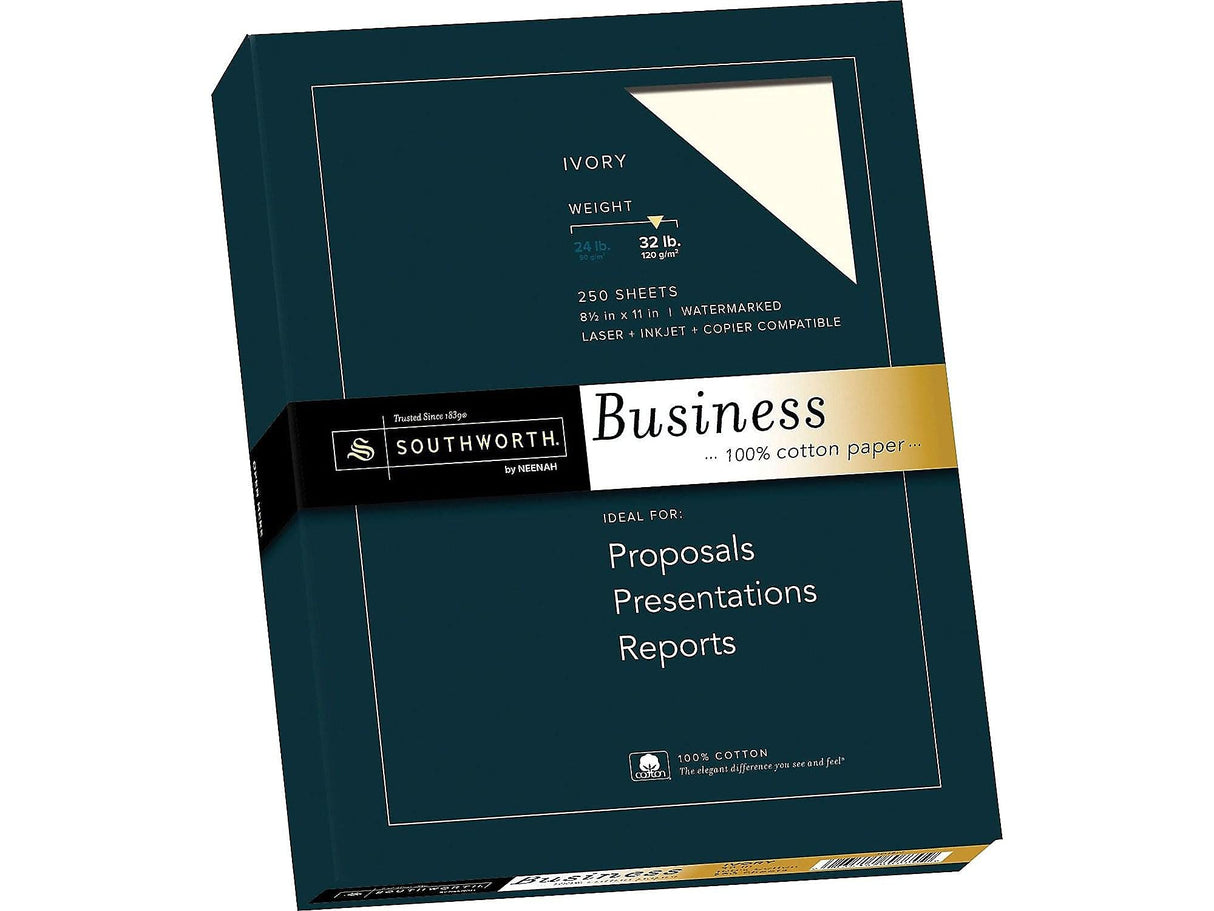 Southworth® 100% Cotton Business Paper, 8 1/2" x 11", 32 Lb, Ivory, Box of 250 Southworth