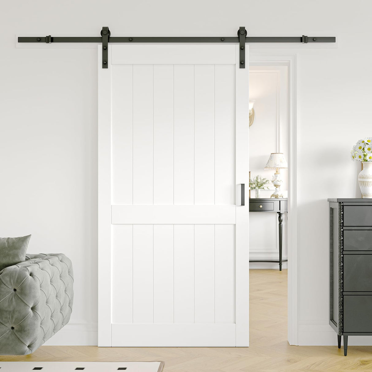 ARK DESIGN 42 x 84inch Sliding Barn Door with 7FT Sliding Door Hardware Kit Included, Pre-Drilled Holes Easy Assembly - Solid MDF Slab Covered with Water-Proof PVC Surface, White,H-Shaped Frame ARK DESIGN