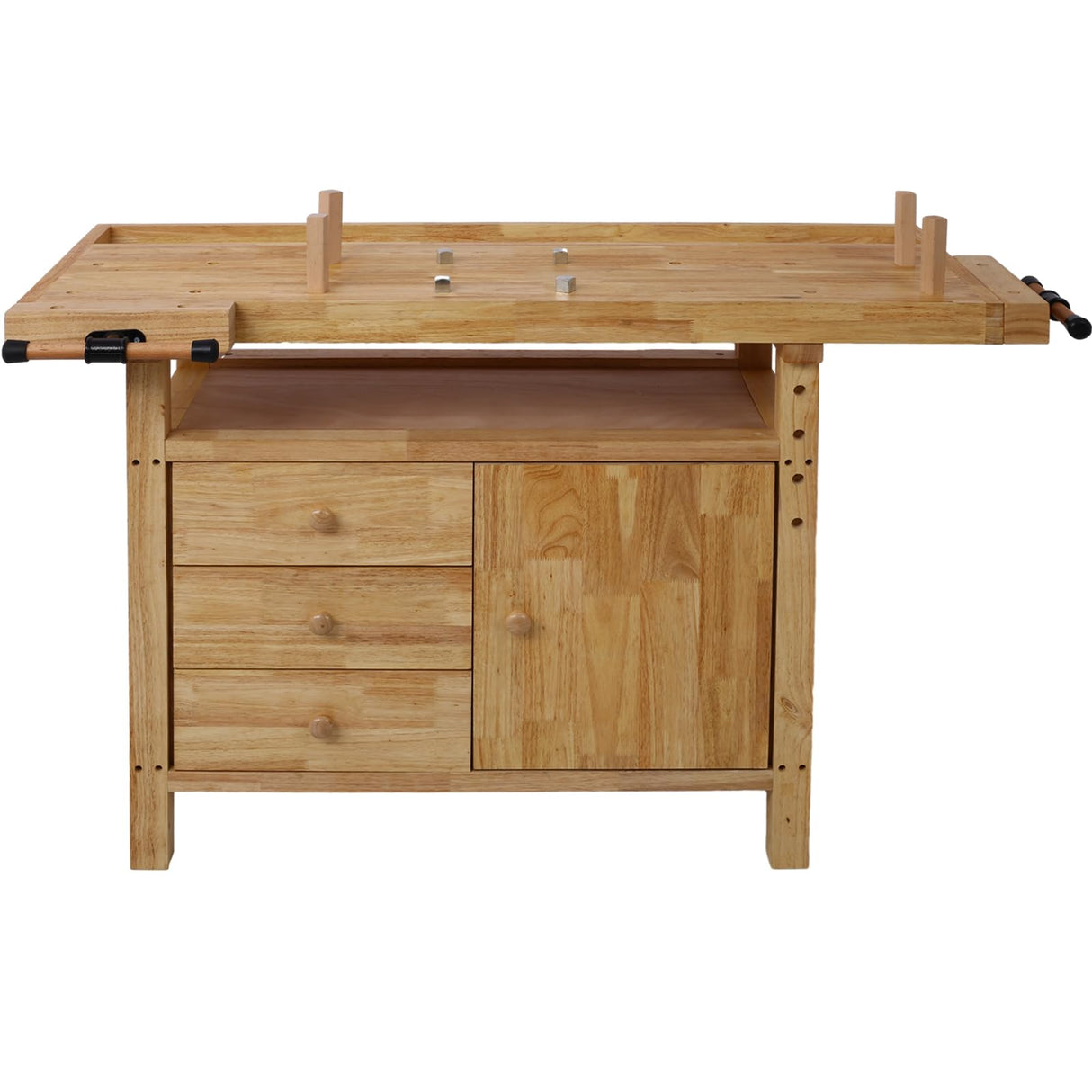50" Rubberwood Workbench - with 3 Drawers 1 Cabinet Door and Shelf Integrated Vises and Bench Dog Holes Versatile for Garage, Woodworking Carpenter Workshop, and Home Use Lunanniu