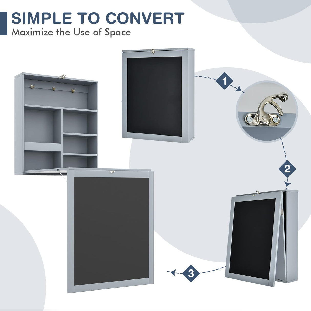 Tangkula Folding Wall Mounted Desk, Floating Desk with Chalkboard, Space Saving Fold Up Desk Wall Mounted Convertible Desk, Wall Mounted Table with Storage Shelves & Hooks Tangkula