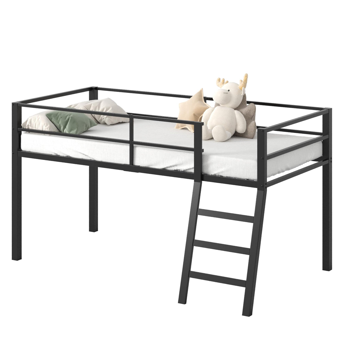 Lutown-Teen Low Loft Bed Twin Size, Junior Metal Twin Loft Bed with Stairs and Safety Guard, Noise Free for Small Bedroom, Black Lutown-Teen