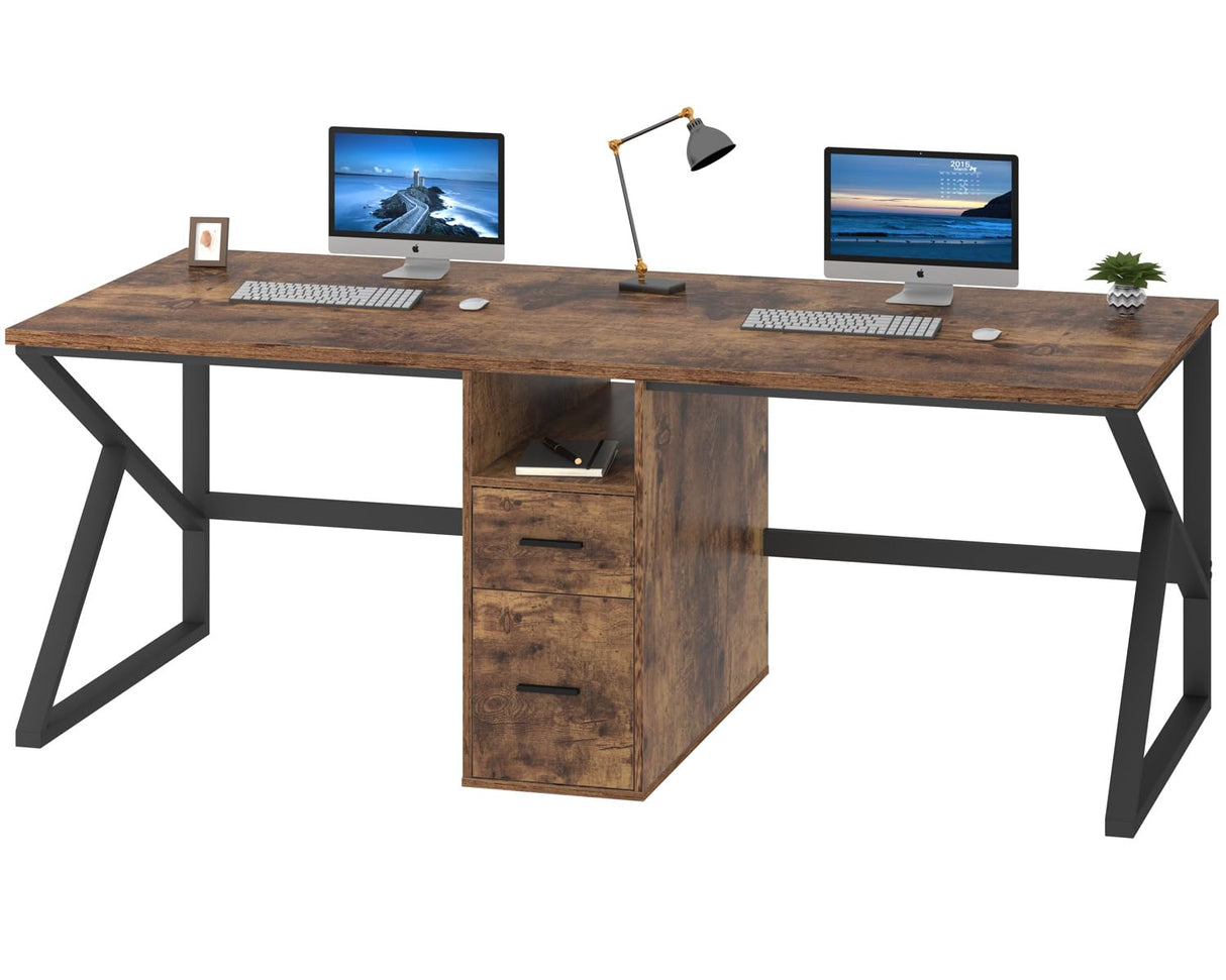 IBF 79" Two Person Office Desk,Large Double Long Pc Desk with File Drawer, 2 Person Computer Desk with Storage Cabinet Shelf, Industrial Wood Modern Work Dual Computer Table for Home, Rustic Brown IBF