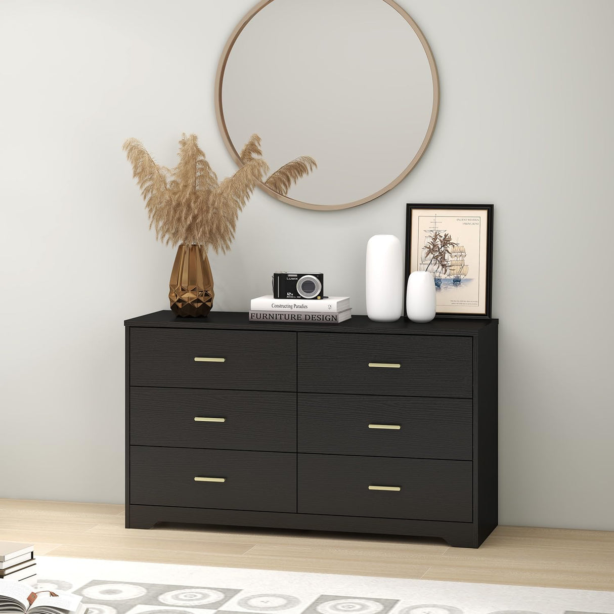 Modern 6 Drawer Wood Dresser, Wood Lateral Chest of Drawers Storage Organizer with Wide Drawers & Metal Gold Handles for Bedroom, Living Room, Hallway, Entryway Panana
