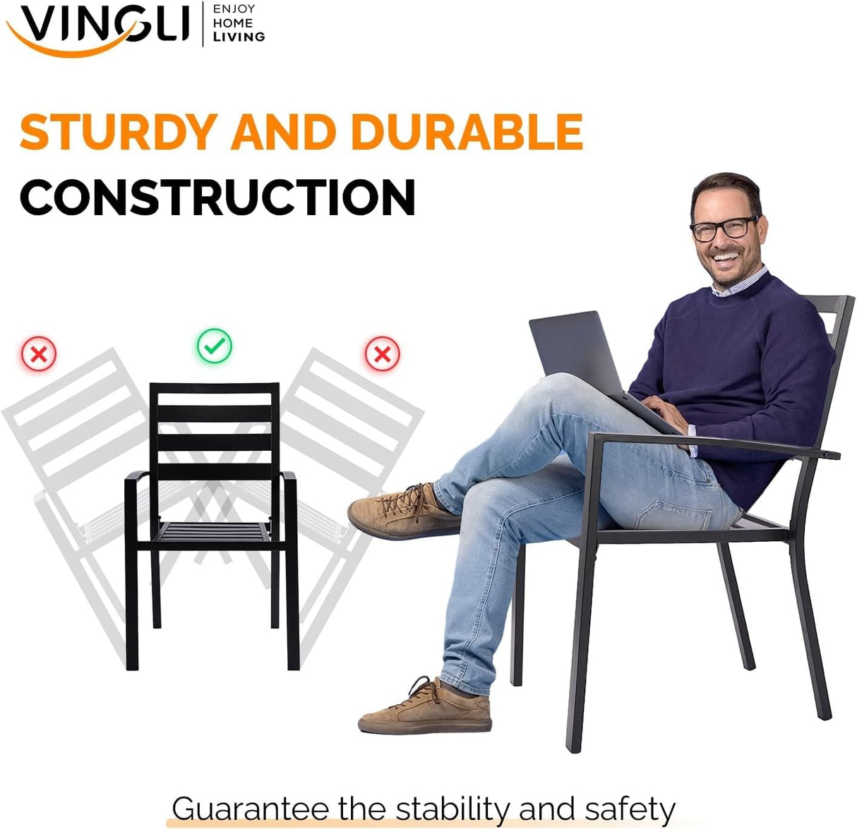 VINGLI 5-Piece Outdoor Dining Set, Metal Patio Dining Set for 4, Square Dining Table with Umbrella Hole & 4 Patio Chairs for Porch, Balcony and Backyard VINGLI